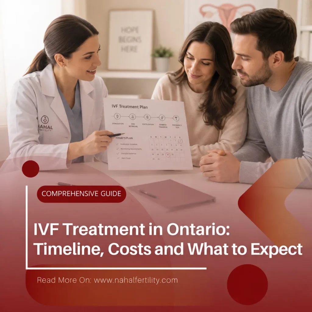 The doctor is reviewing an IVF treatment plan with a couple for a guide about IVF treatment in Ontario, including the timeline, costs and what to expect.