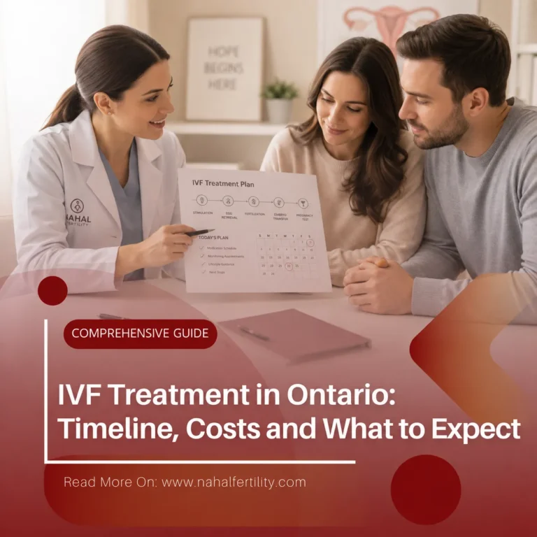 The doctor is reviewing an IVF treatment plan with a couple for a guide about IVF treatment in Ontario, including the timeline, costs and what to expect.